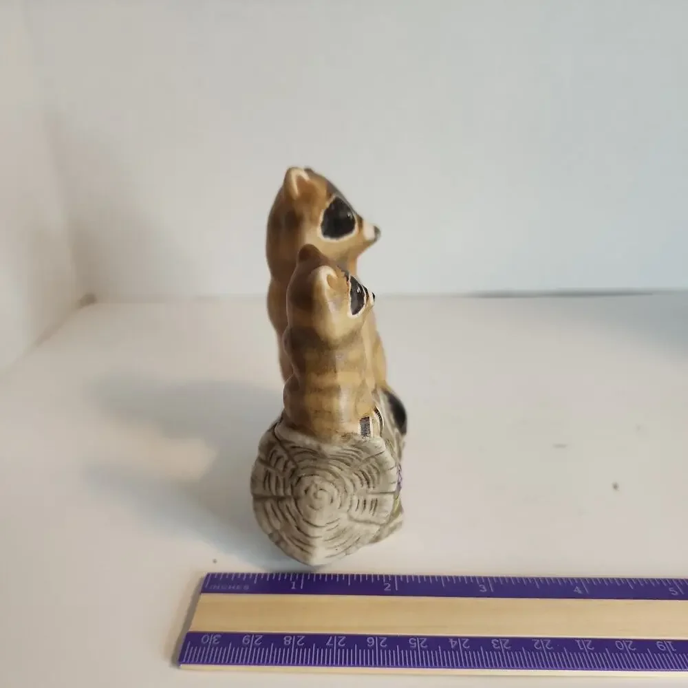 Vtg Ceramic Mother and Baby Raccoons on a Log Figurine Handpainted in Wisconsin